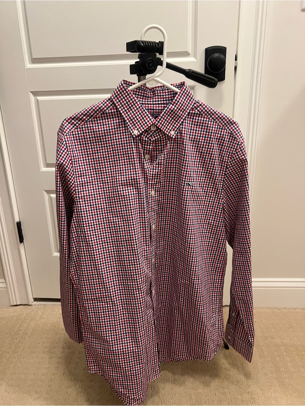 Vineyard Vines Men's Red and Blue Gingham Button-Down Shirt-Size M